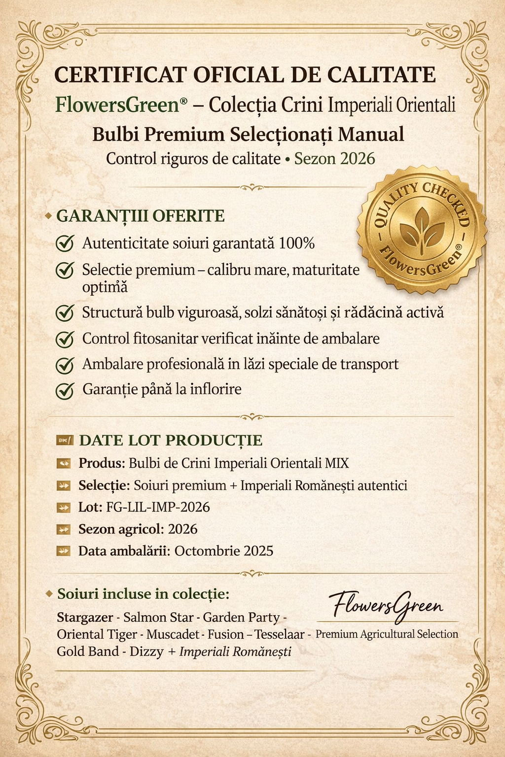 Certificat oficial de calitate FlowersGreen pentru Crini Imperiali Orientali