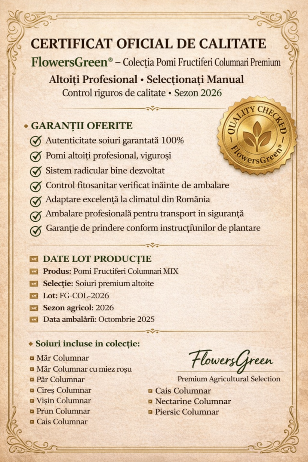 Certificat oficial de calitate FlowersGreen pentru Pomi Fructiferi Columnari