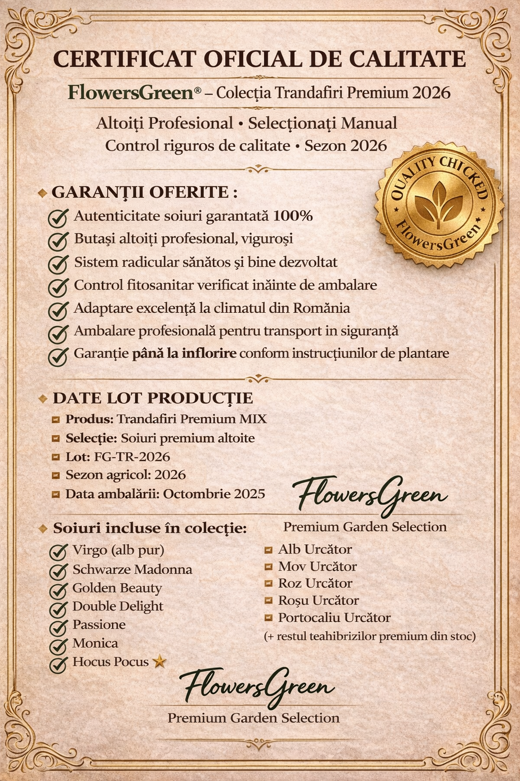 Certificat oficial de calitate FlowersGreen pentru Trandafiri Premium