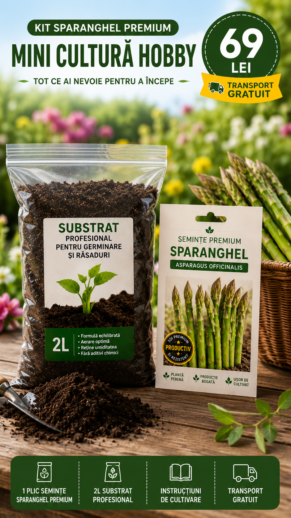 Kit Sparanghel Premium Start – Semințe + Substrat Profesional