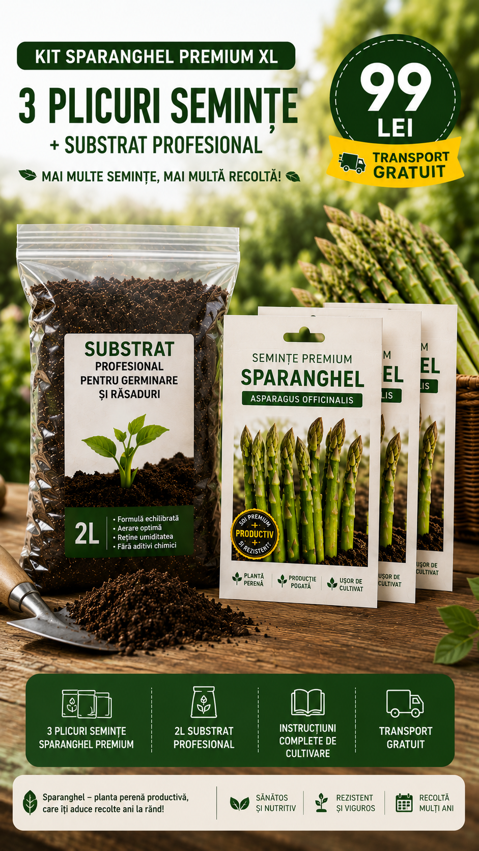 Kit Sparanghel Premium XL – 3 Plicuri Semințe + Substrat Profesional