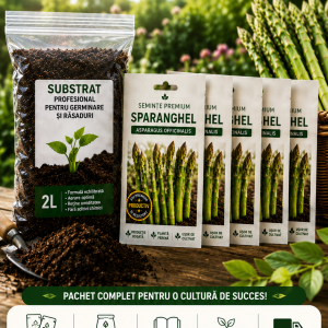 Kit Sparanghel Premium MAXI – 5 Plicuri Semințe + Substrat Profesional