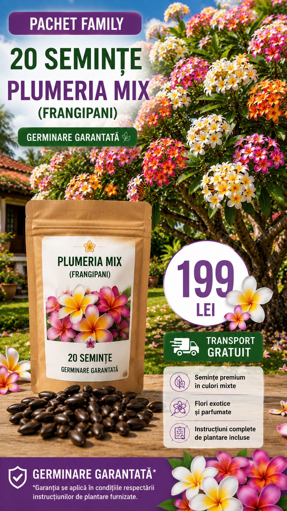 Pachet Family – 20 Semințe Plumeria Mix (Frangipani) – 199 Lei