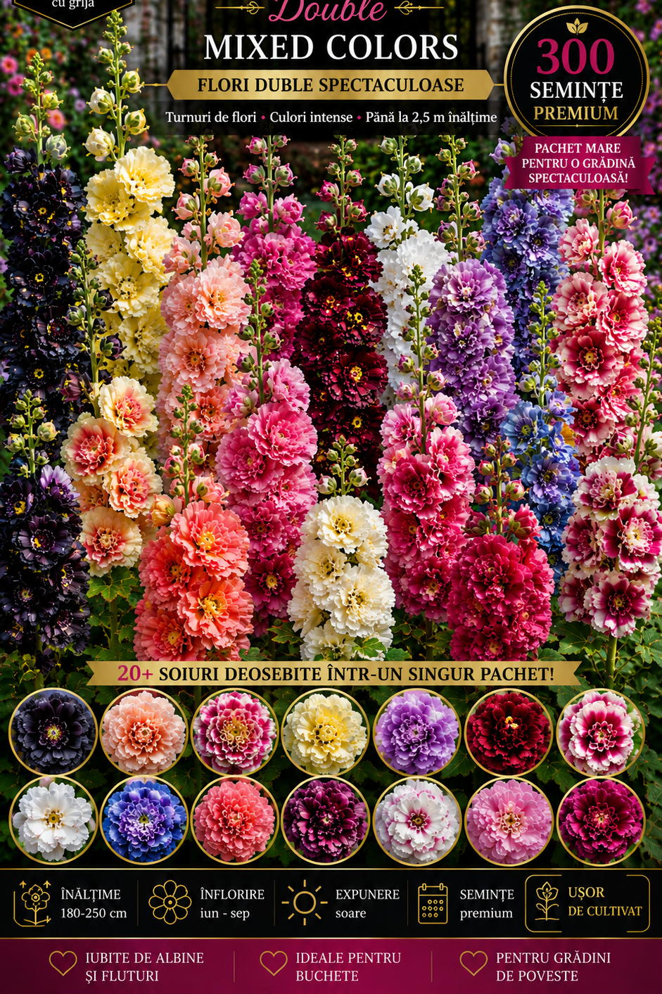 Hollyhock – Nalbă Imperială | 300 semințe| 20 culori