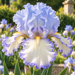 Iris Champagne Elegance cu flori alb-crem și caisă – soi de iris din rizom