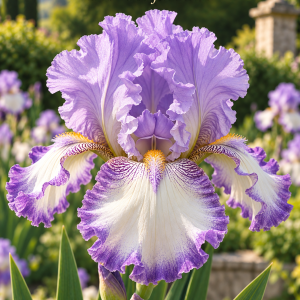 Iris Conjuration cu flori alb cu margini violet-ametist – soi de iris din rizom