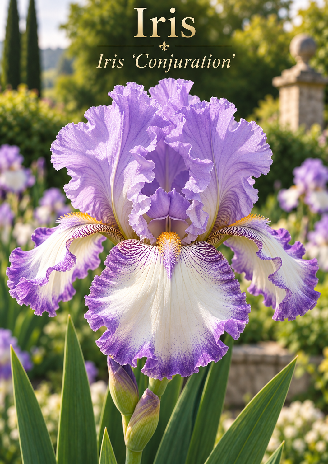 Iris Conjuration cu flori alb cu margini violet-ametist – soi de iris din rizom