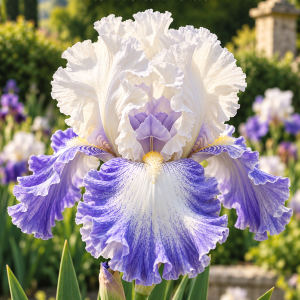 Iris Edith Wolford cu flori galben și albastru-violet – soi de iris din rizom