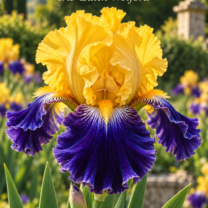 Iris Gypsy Lord cu flori alb-albăstrui și violet marmorat – soi de iris din rizom