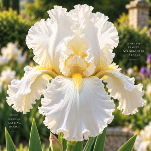 Iris Mesmerizer cu flori alb cu detalii decorative – soi de iris din rizom