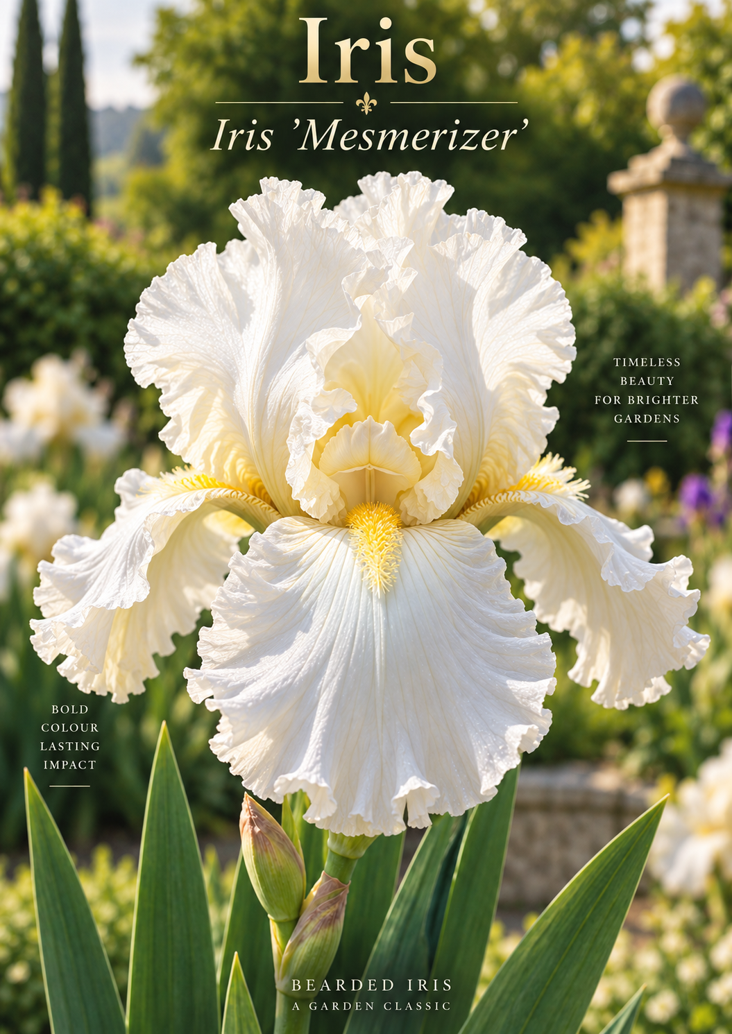 Iris Mesmerizer cu flori alb cu detalii decorative – soi de iris din rizom