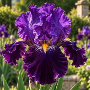 Iris World Premier cu flori alb-albăstrui și albastru-violet închis – soi de iris din rizom